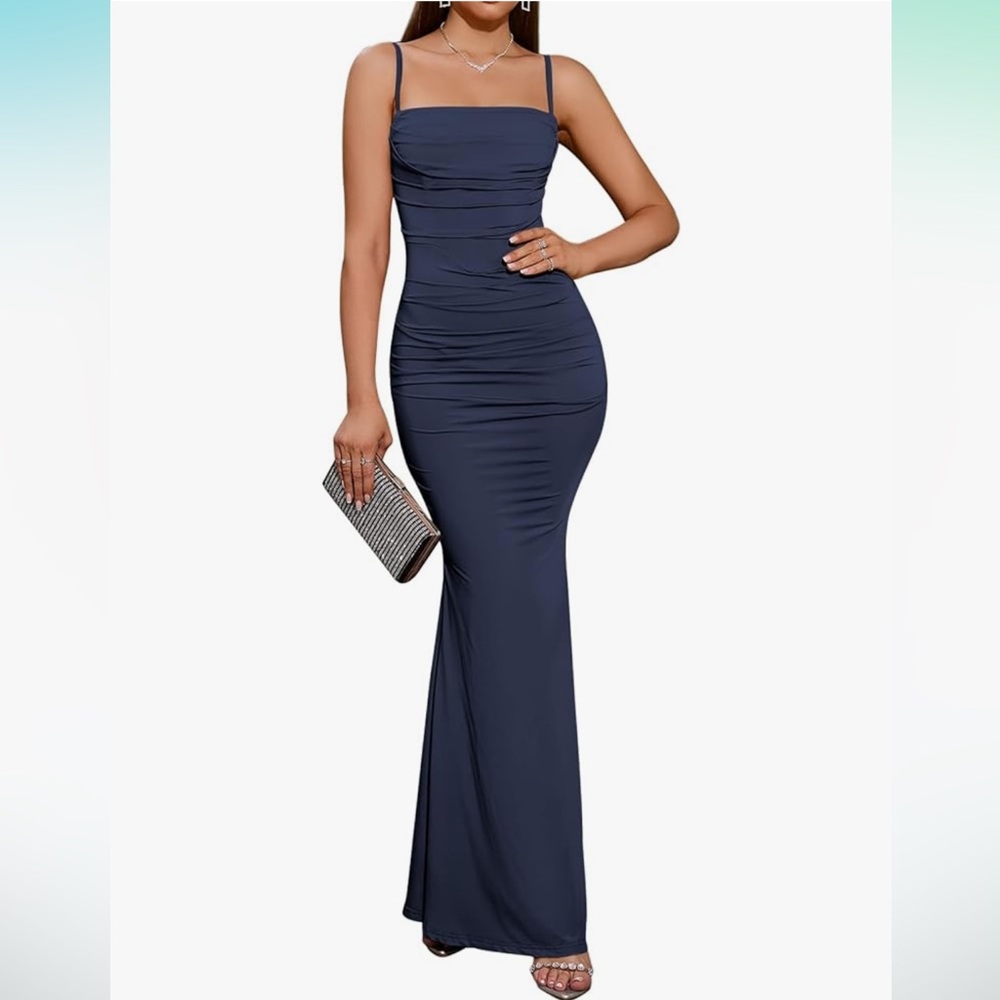 Navy Blue Corset Ruched Maxi Dress